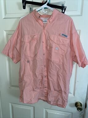 Columbia PFG Shirt Men L/G Coral Salmon Pink Short Sleeve Button Up Fishing